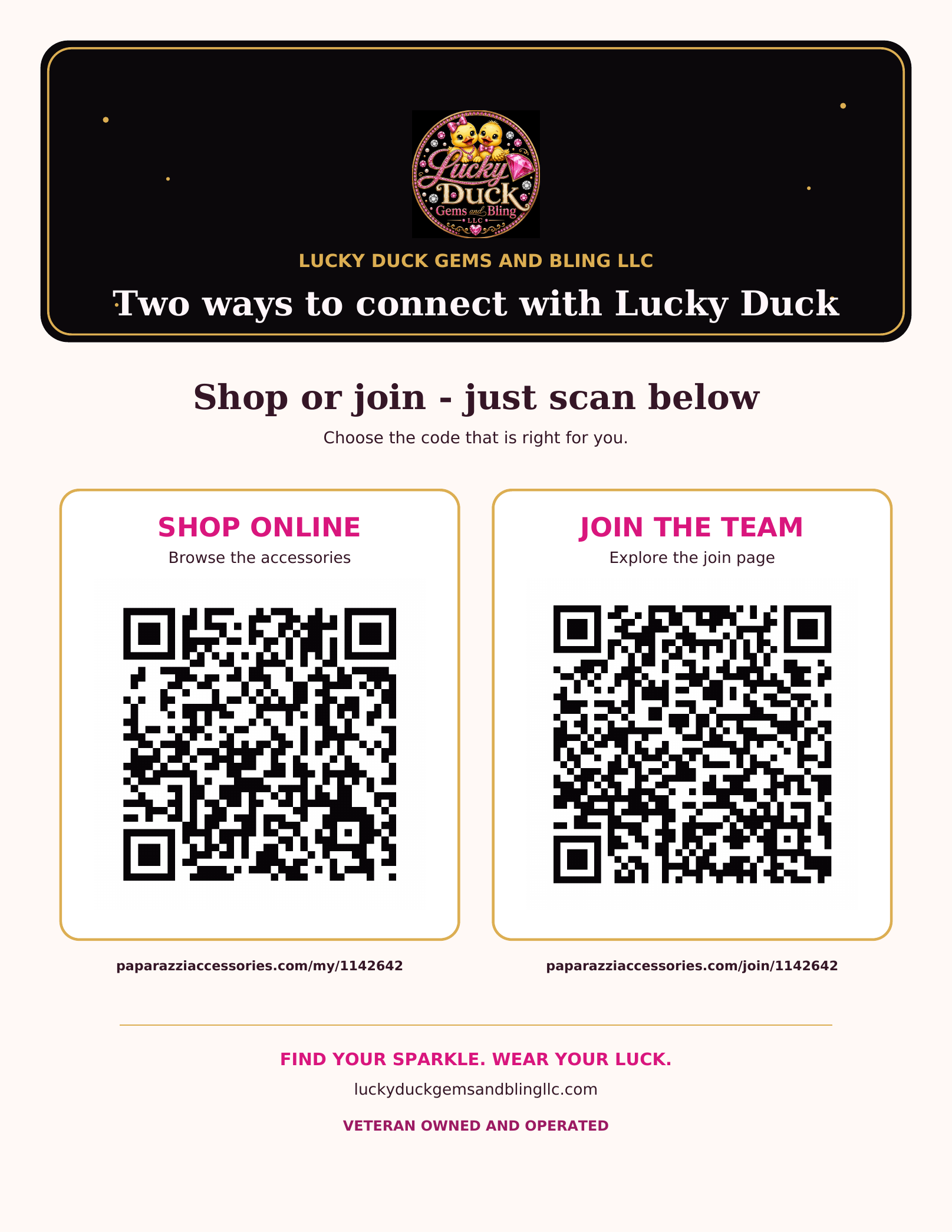 Flyer with two QR codes: one for shopping online and one for exploring the Paparazzi join page